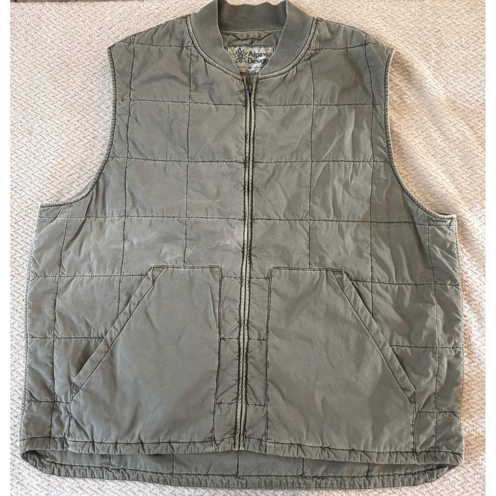 Alpine Design Mens XXL Quilted Full Zip Vest Olive Green Faded Outdoor Bomber